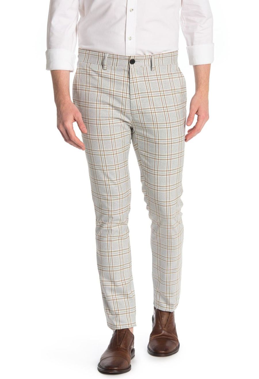 Joe Cummings modeling tailored plaid trousers, e-commerce fit photo