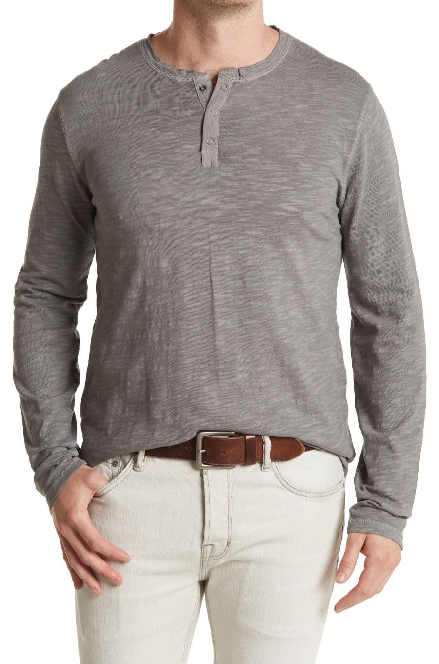 Joe Cummings modeling a gray henley and jeans, e-commerce fit photo