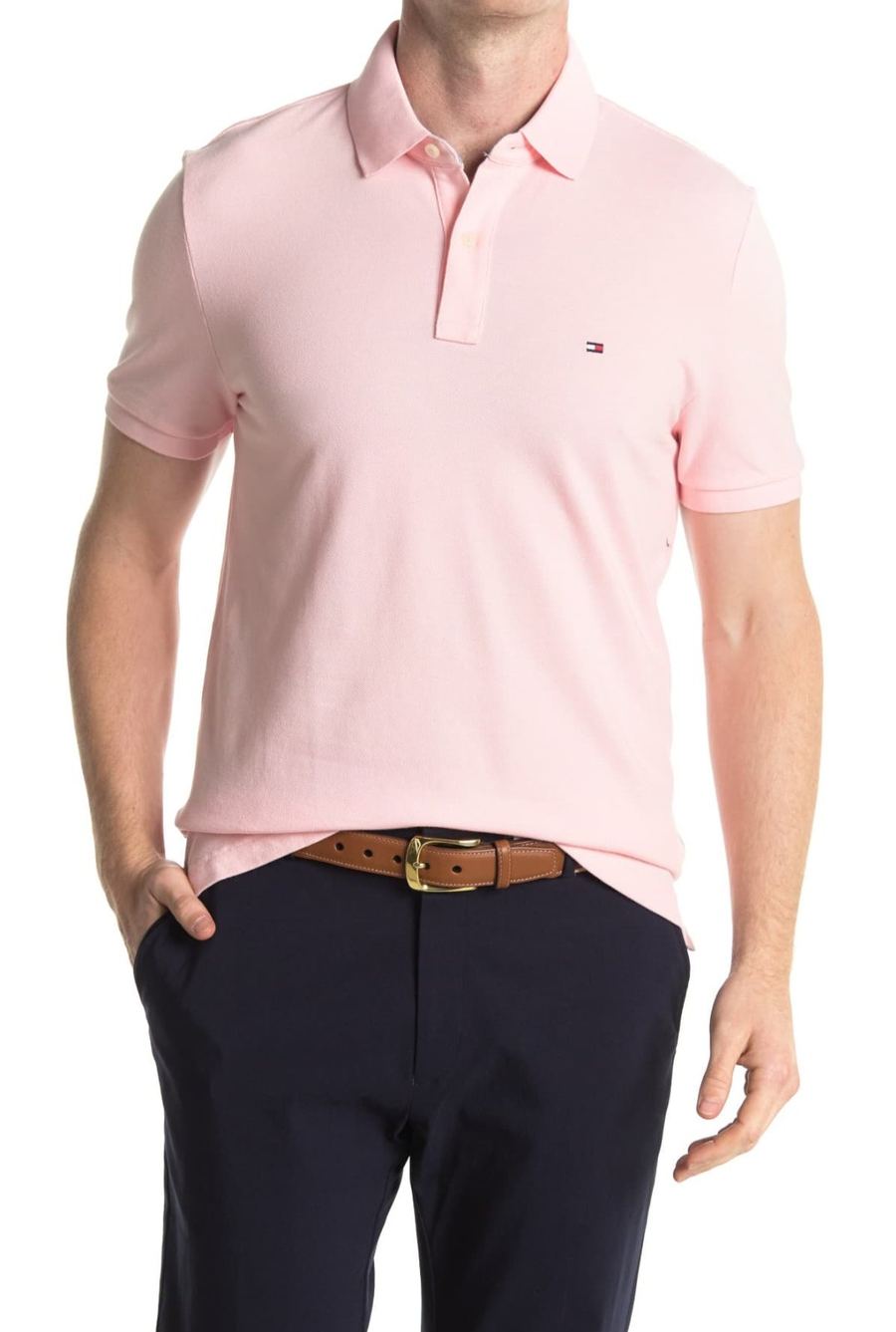 Joe Cummings modeling a pink polo shirt, e-commerce fit photo